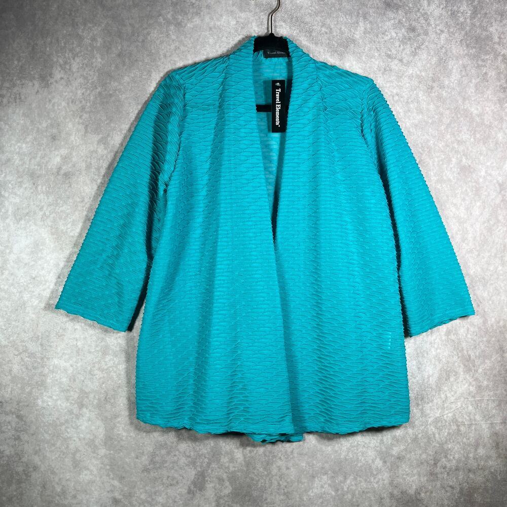 Travel Elements Cardigan Sweater Womens Medium‎ Green Textured Open Front NEW